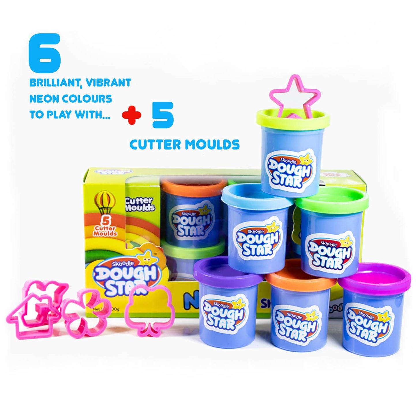 SKOODLE Dough Star Gala Pack 300gm, 5 Cutter Moulds & 6 Neon Shades of Non-Toxic Modelling Clay Dough for Kids, Creative Art & Craft Gift for Children 3 Years and Up