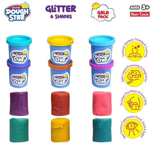SKOODLE Glitter Dough Star Gala Pack 300gm, 5 Cutter Moulds & 6 Neon Shades of Non-Toxic Modelling Clay Dough for Kids, Creative Art & Craft Gift for Children 3 Years and Up