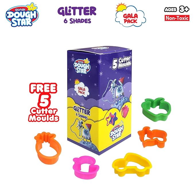 SKOODLE Glitter Dough Star Gala Pack 300gm, 5 Cutter Moulds & 6 Neon Shades of Non-Toxic Modelling Clay Dough for Kids, Creative Art & Craft Gift for Children 3 Years and Up