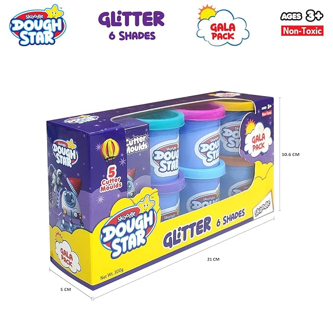 SKOODLE Glitter Dough Star Gala Pack 300gm, 5 Cutter Moulds & 6 Neon Shades of Non-Toxic Modelling Clay Dough for Kids, Creative Art & Craft Gift for Children 3 Years and Up