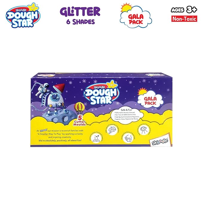 SKOODLE Glitter Dough Star Gala Pack 300gm, 5 Cutter Moulds & 6 Neon Shades of Non-Toxic Modelling Clay Dough for Kids, Creative Art & Craft Gift for Children 3 Years and Up