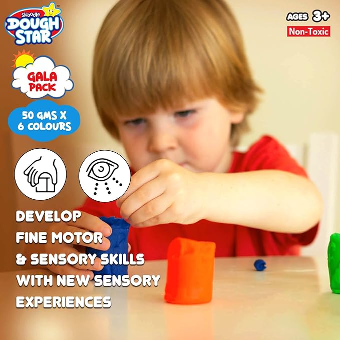 SKOODLE Glitter Dough Star Gala Pack 300gm, 5 Cutter Moulds & 6 Neon Shades of Non-Toxic Modelling Clay Dough for Kids, Creative Art & Craft Gift for Children 3 Years and Up