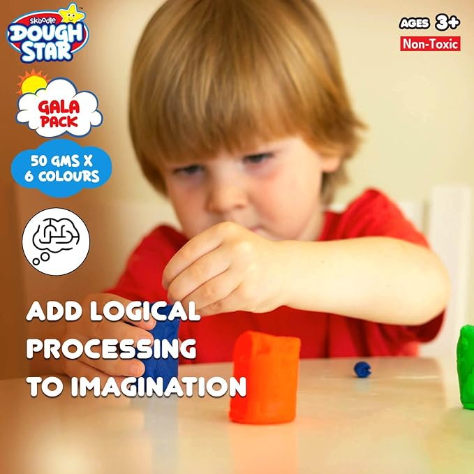 SKOODLE Glitter Dough Star Gala Pack 300gm, 5 Cutter Moulds & 6 Neon Shades of Non-Toxic Modelling Clay Dough for Kids, Creative Art & Craft Gift for Children 3 Years and Up