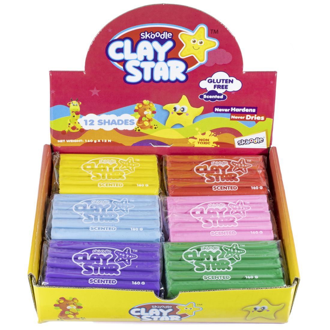 SKOODLE Clay Star, Set of 12 Multicolor Reusable & Non Toxic Clays for Kids (160 GMS Each) Never-Dries, Never-Hardens, Creative Art Crafts Gift for Kids, for 3+ Years