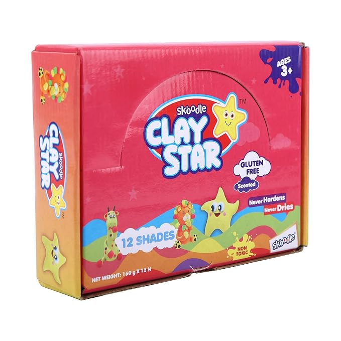 SKOODLE Clay Star, Set of 12 Multicolor Reusable & Non Toxic Clays for Kids (160 GMS Each) Never-Dries, Never-Hardens, Creative Art Crafts Gift for Kids, for 3+ Years