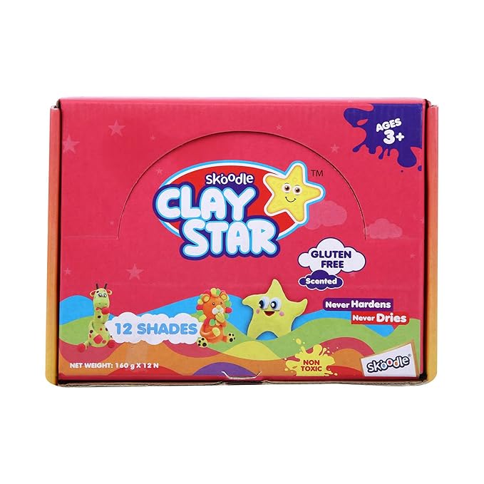 SKOODLE Clay Star, Set of 12 Multicolor Reusable & Non Toxic Clays for Kids (160 GMS Each) Never-Dries, Never-Hardens, Creative Art Crafts Gift for Kids, for 3+ Years