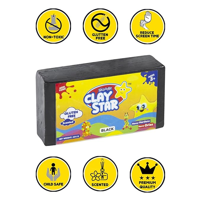 Skoodle Clay Star, Black Clay Bar (454gm), for Modelling & Sculpting, Scented Clay, Non-Toxic, for 3+ Years, Gift for Kids