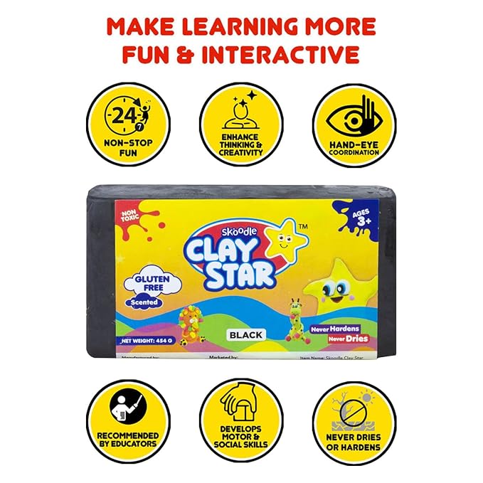 Skoodle Clay Star, Black Clay Bar (454gm), for Modelling & Sculpting, Scented Clay, Non-Toxic, for 3+ Years, Gift for Kids