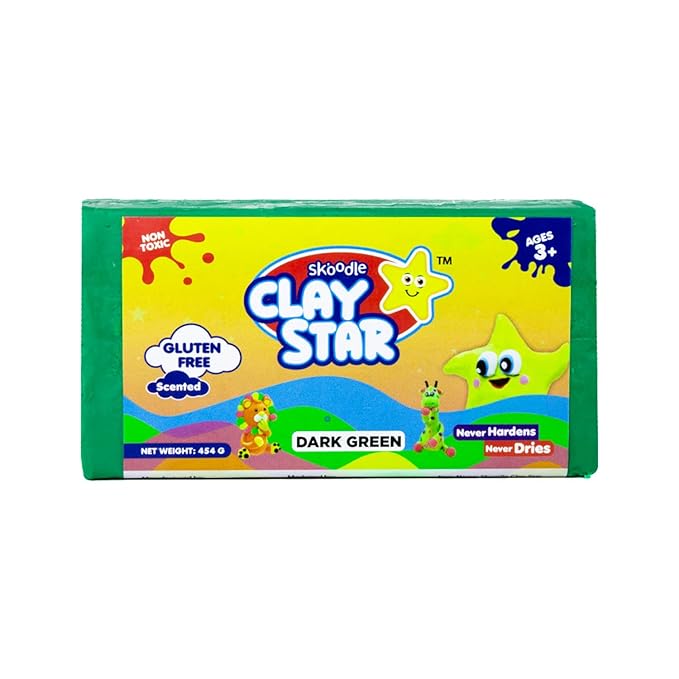 Skoodle Clay Star, Dark Green Bar (454gm) for Modelling & Sculpting, Scented Non-Toxic Clay for 3+ Years, Gift for Kids