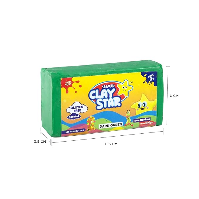 Skoodle Clay Star, Dark Green Bar (454gm) for Modelling & Sculpting, Scented Non-Toxic Clay for 3+ Years, Gift for Kids
