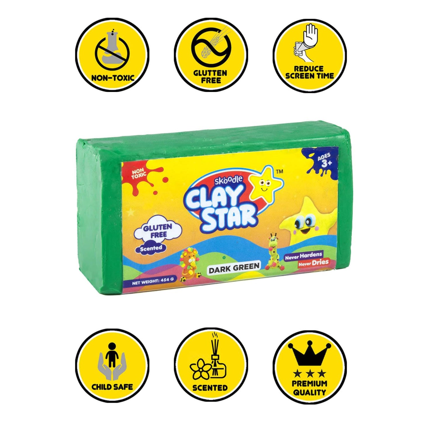 Skoodle Clay Star, Dark Green Bar (454gm) for Modelling & Sculpting, Scented Non-Toxic Clay for 3+ Years, Gift for Kids