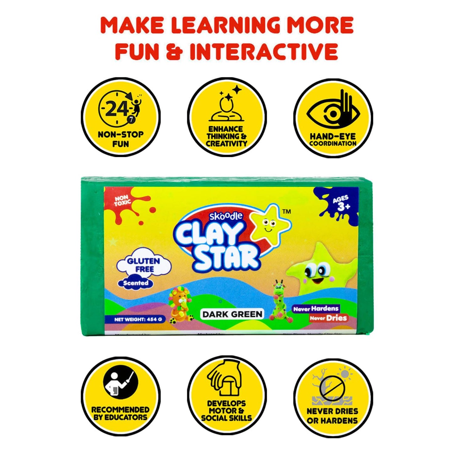 Skoodle Clay Star, Dark Green Bar (454gm) for Modelling & Sculpting, Scented Non-Toxic Clay for 3+ Years, Gift for Kids