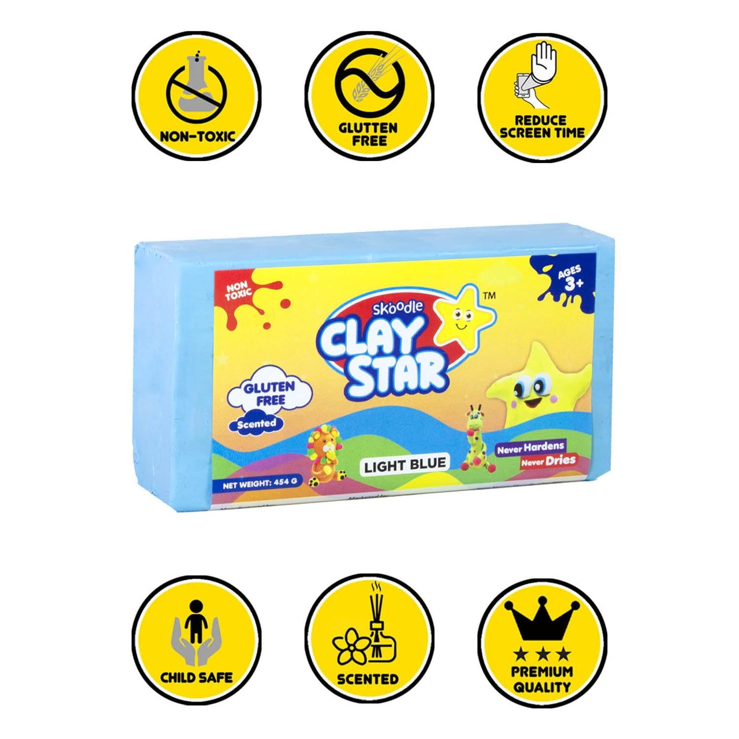 Skoodle Clay Star, Light Blue Clay Bar (454gm), for Modelling & Sculpting, Scented Clay, Non-Toxic, for 3+ Years, Gift for Kids