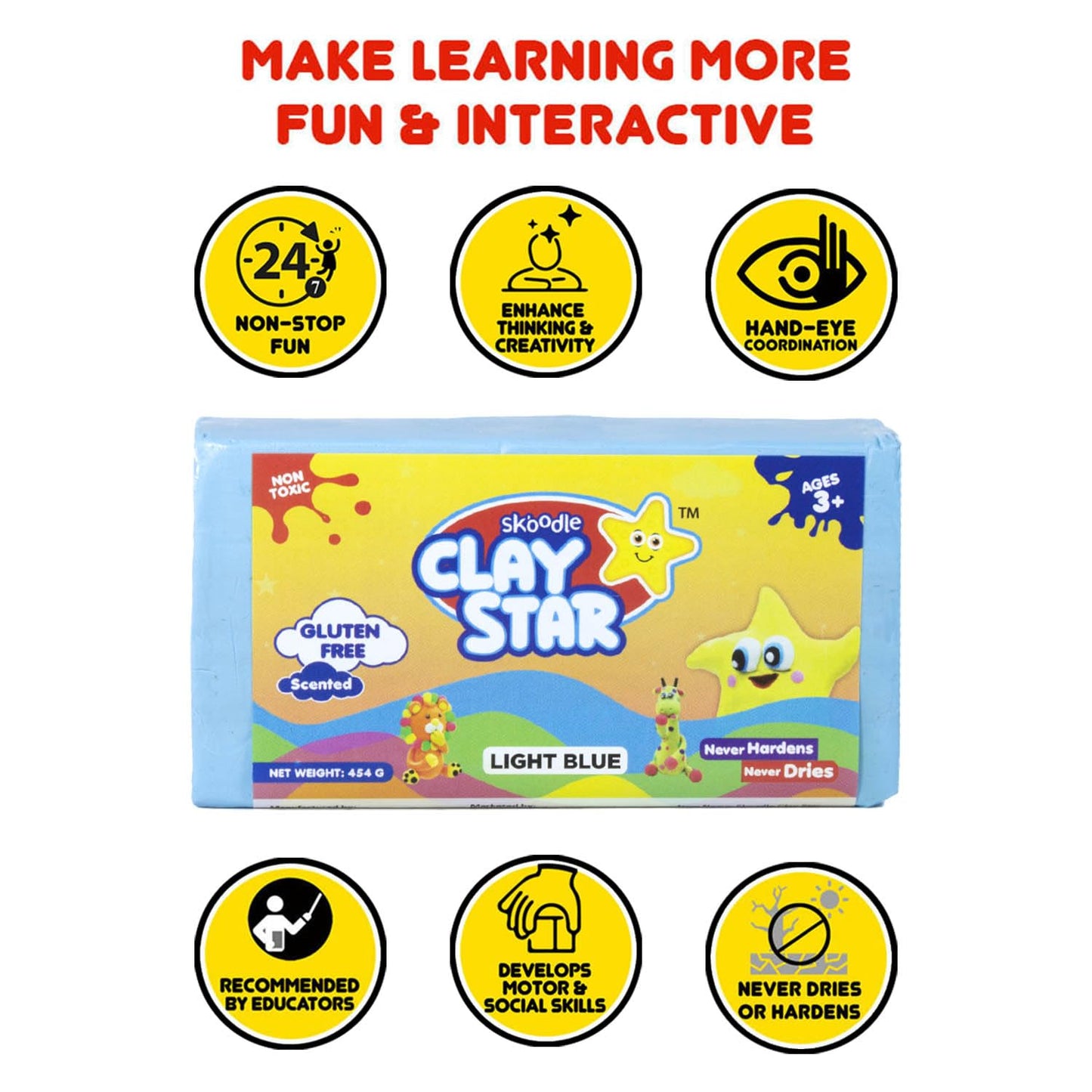 Skoodle Clay Star, Light Blue Clay Bar (454gm), for Modelling & Sculpting, Scented Clay, Non-Toxic, for 3+ Years, Gift for Kids