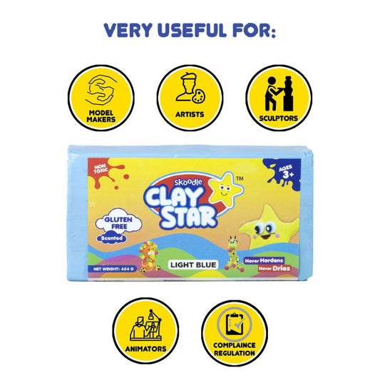 Skoodle Clay Star, Light Blue Clay Bar (454gm), for Modelling & Sculpting, Scented Clay, Non-Toxic, for 3+ Years, Gift for Kids