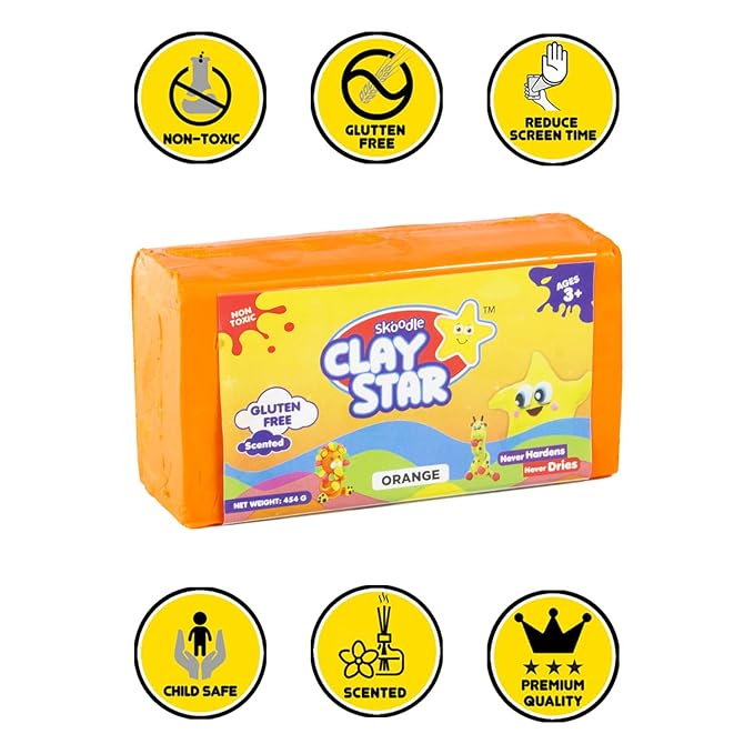 Skoodle Clay Star, Orange Clay Bar (454gm), for Modelling & Sculpting, Scented Clay, Non-Toxic, for 3+ Years, Gift for Kids