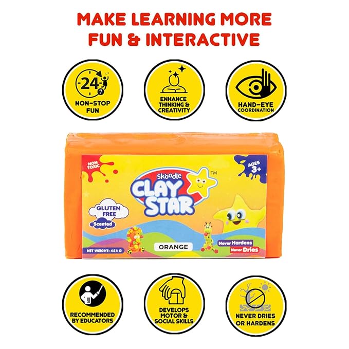 Skoodle Clay Star, Orange Clay Bar (454gm), for Modelling & Sculpting, Scented Clay, Non-Toxic, for 3+ Years, Gift for Kids