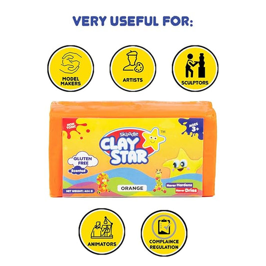 Skoodle Clay Star, Orange Clay Bar (454gm), for Modelling & Sculpting, Scented Clay, Non-Toxic, for 3+ Years, Gift for Kids