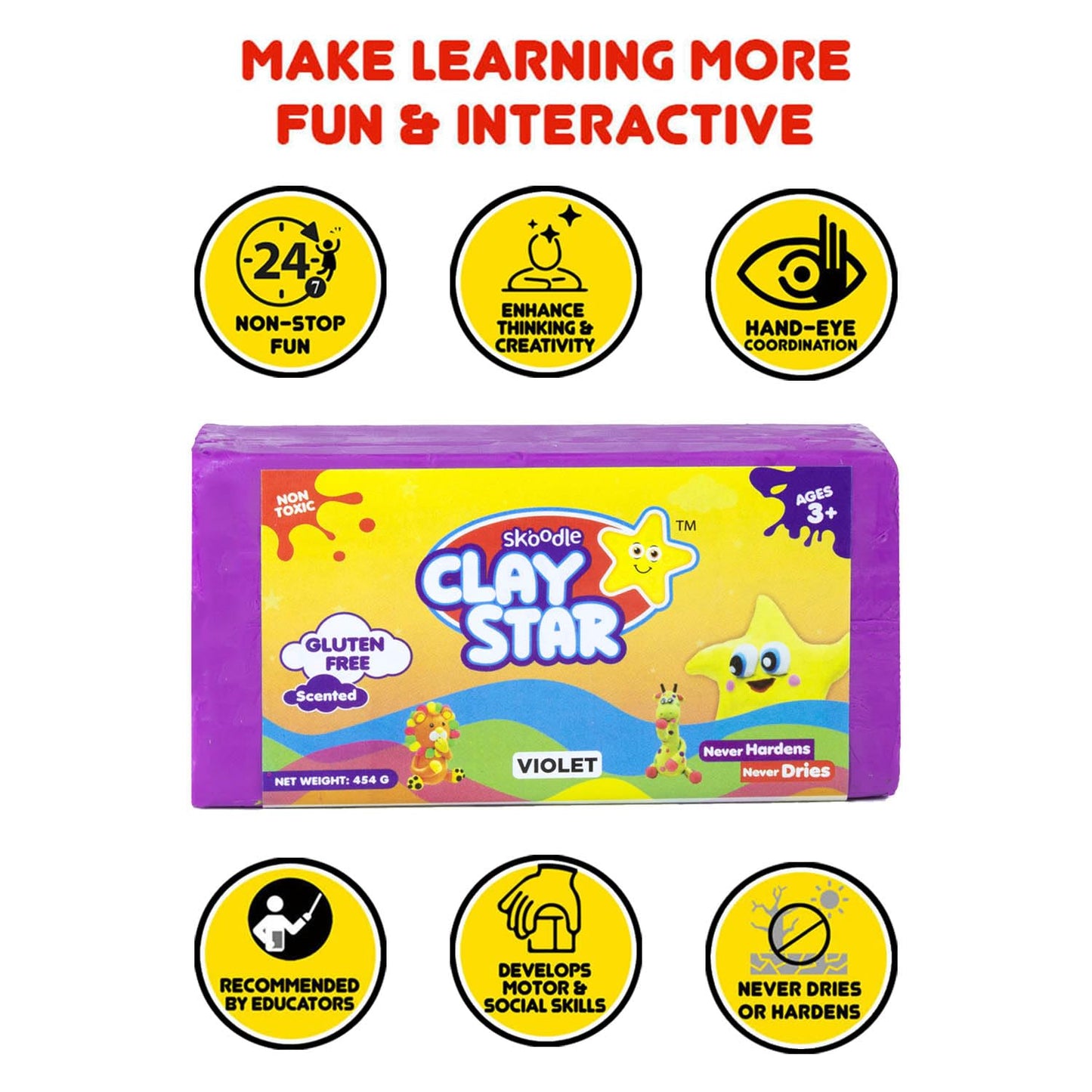Skoodle Clay Star, Violet Bar (454gm) for Modelling & Sculpting, Scented Non-Toxic Clay for 3+ Years, Gift for Kids