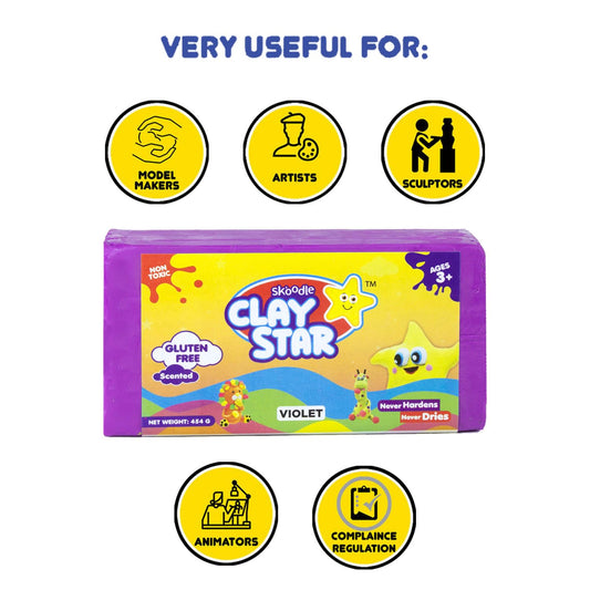 Skoodle Clay Star, Violet Bar (454gm) for Modelling & Sculpting, Scented Non-Toxic Clay for 3+ Years, Gift for Kids
