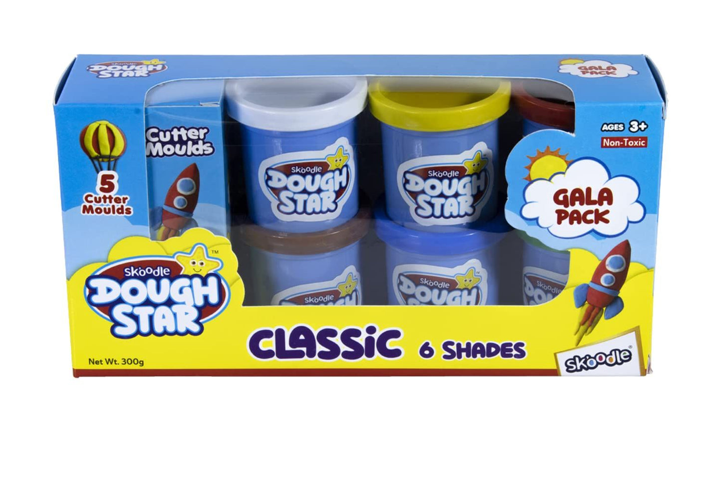 SKOODLE Dough Star Classic Gala Pack, 5 Cutter Moulds & 6 Multicolor of Non-Toxic Modelling Clay Dough for Kids, Creative Art & Craft Gift for Children 3 Years and Up