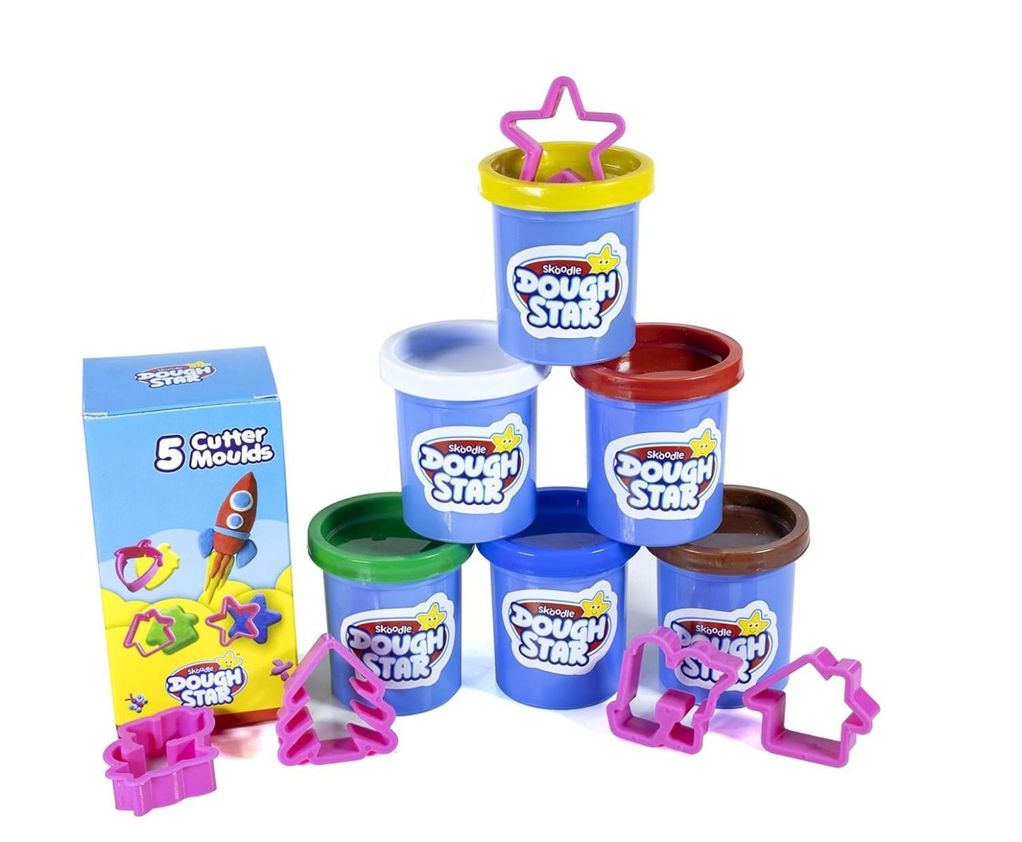 SKOODLE Dough Star Classic Gala Pack, 5 Cutter Moulds & 6 Multicolor of Non-Toxic Modelling Clay Dough for Kids, Creative Art & Craft Gift for Children 3 Years and Up