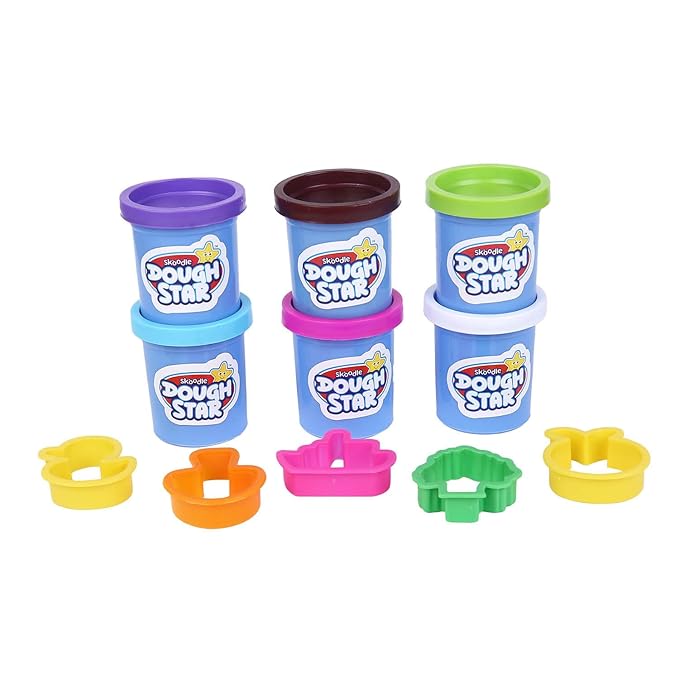 SKOODLE Dough Star Classic Gala Pack, 5 Cutter Moulds & 6 Multicolor of Non-Toxic Modelling Clay Dough for Kids, Creative Art & Craft Gift for Children 3 Years and Up