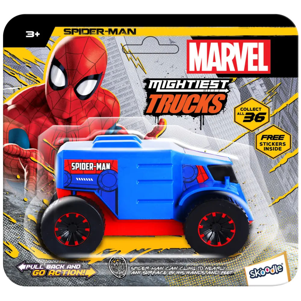 SKOODLE Kid Marvel Pull-Back Monster Truck - Spiderman Edition, Marvel Inspired Toy Bikes with Sturdy and Long-Lasting Construction, Enhances Motor Skills and Fun Vehicle Toy for Gifting - Blue & Red
