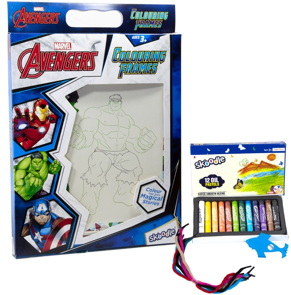 SKOODLE Marvel Avengers Colouring Frames for Kids - DIY, Fun Filled Colouring/Painting Sheets, Specially Crafted to Enhance Play & Colouring Experience (6 Sheets + 12 Color Sticks + 6 Strings)