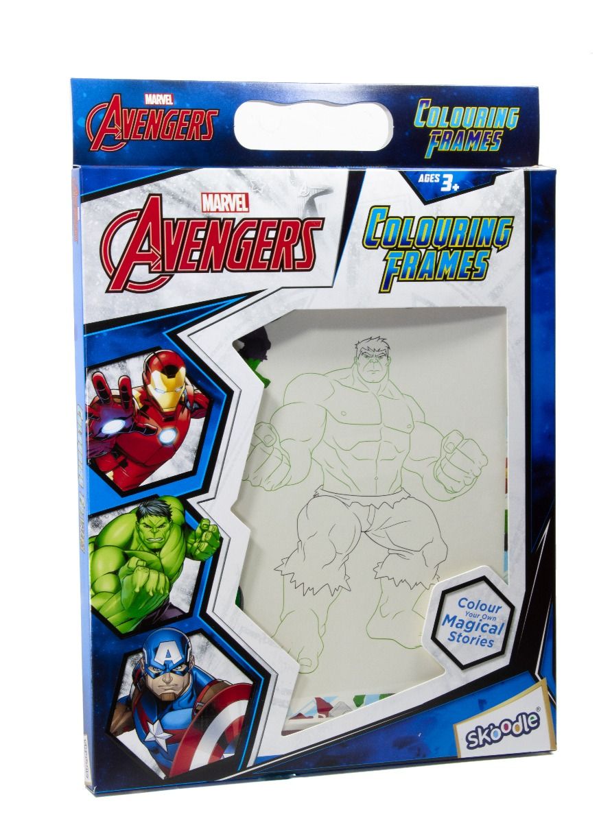 SKOODLE Marvel Avengers Colouring Frames for Kids - DIY, Fun Filled Colouring/Painting Sheets, Specially Crafted to Enhance Play & Colouring Experience (6 Sheets + 12 Color Sticks + 6 Strings)