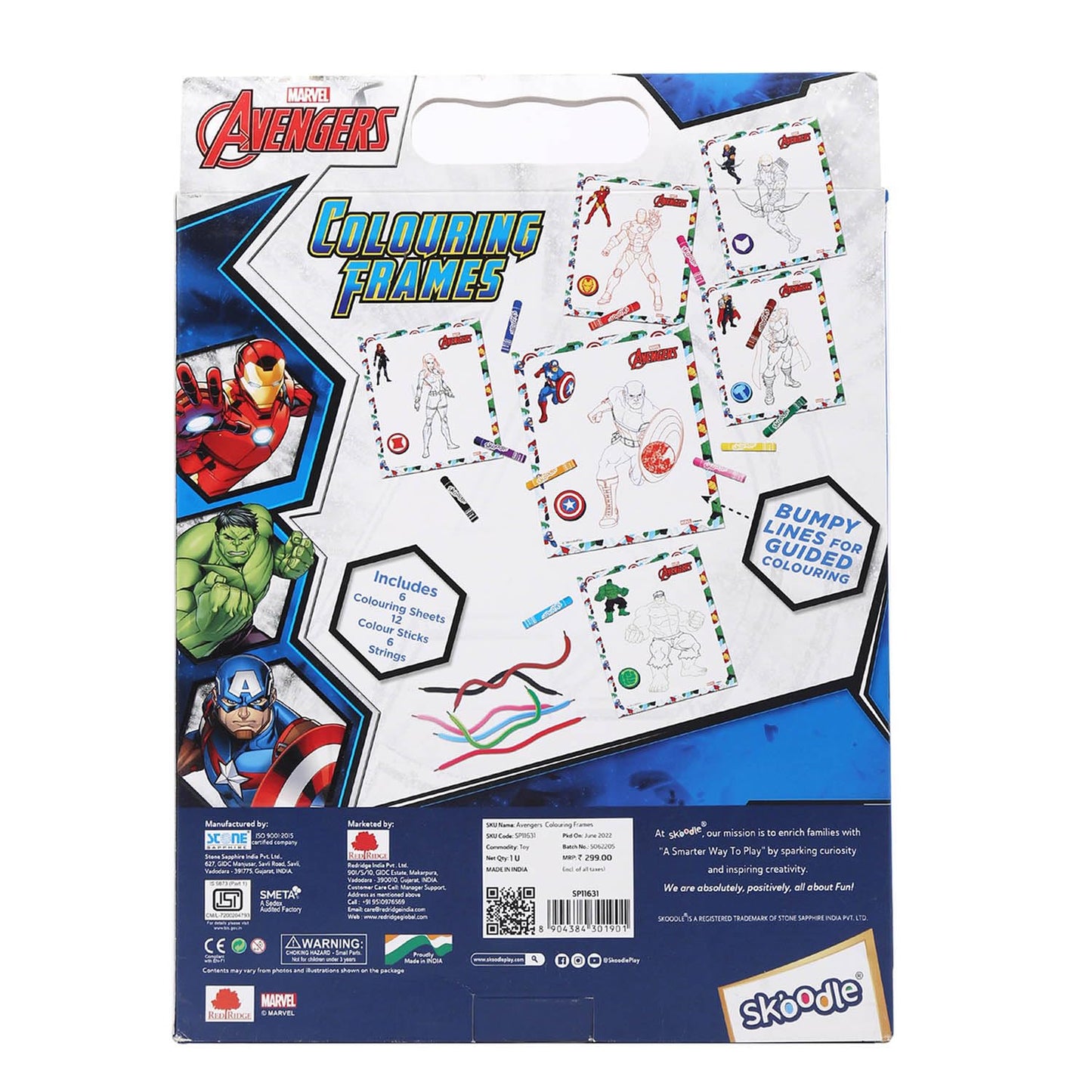 SKOODLE Marvel Avengers Colouring Frames for Kids - DIY, Fun Filled Colouring/Painting Sheets, Specially Crafted to Enhance Play & Colouring Experience (6 Sheets + 12 Color Sticks + 6 Strings)