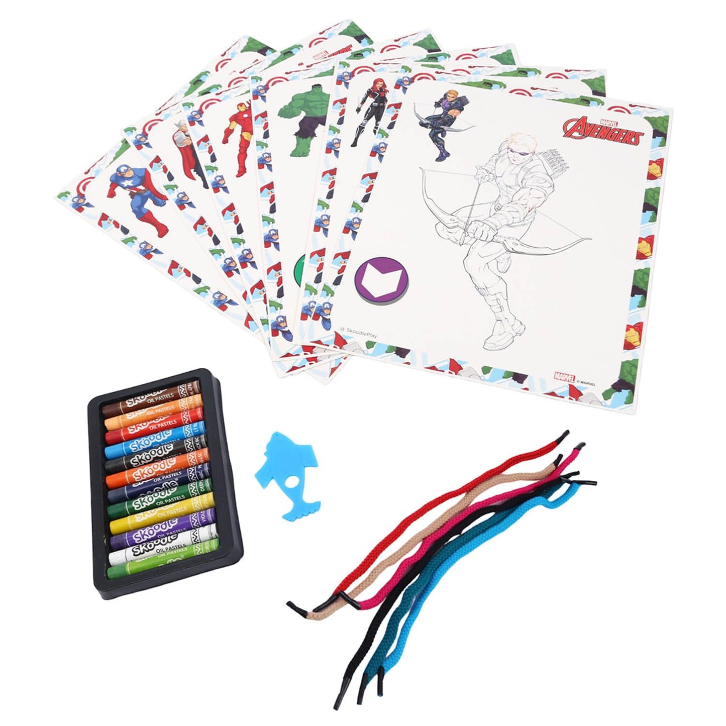 SKOODLE Marvel Avengers Colouring Frames for Kids - DIY, Fun Filled Colouring/Painting Sheets, Specially Crafted to Enhance Play & Colouring Experience (6 Sheets + 12 Color Sticks + 6 Strings)
