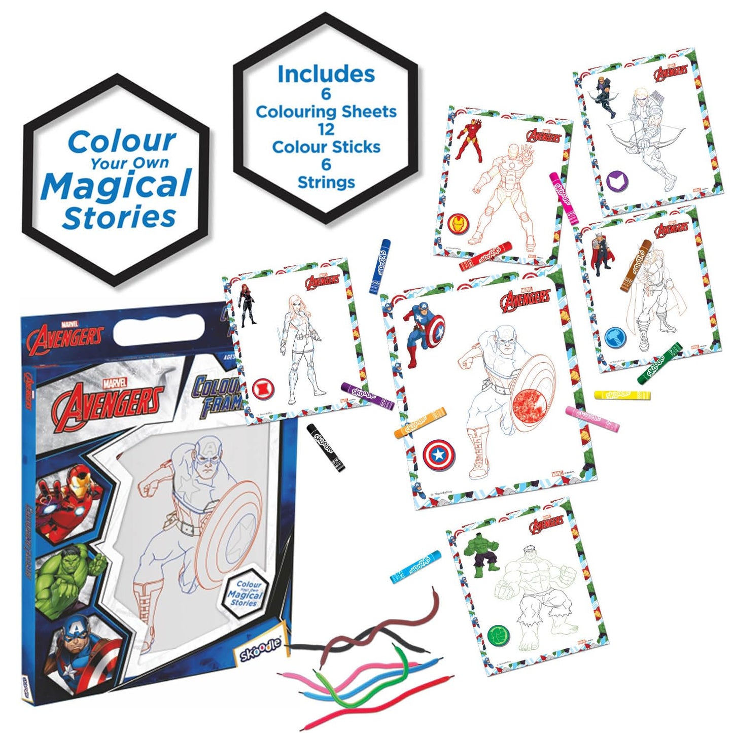 SKOODLE Marvel Avengers Colouring Frames for Kids - DIY, Fun Filled Colouring/Painting Sheets, Specially Crafted to Enhance Play & Colouring Experience (6 Sheets + 12 Color Sticks + 6 Strings)