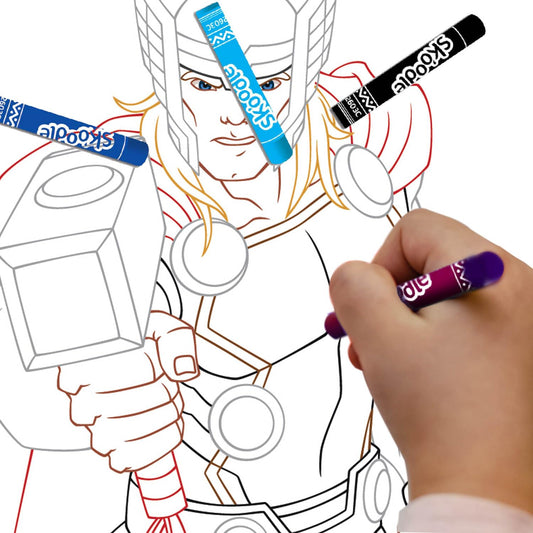 SKOODLE Marvel Avengers Colouring Frames for Kids - DIY, Fun Filled Colouring/Painting Sheets, Specially Crafted to Enhance Play & Colouring Experience (6 Sheets + 12 Color Sticks + 6 Strings)