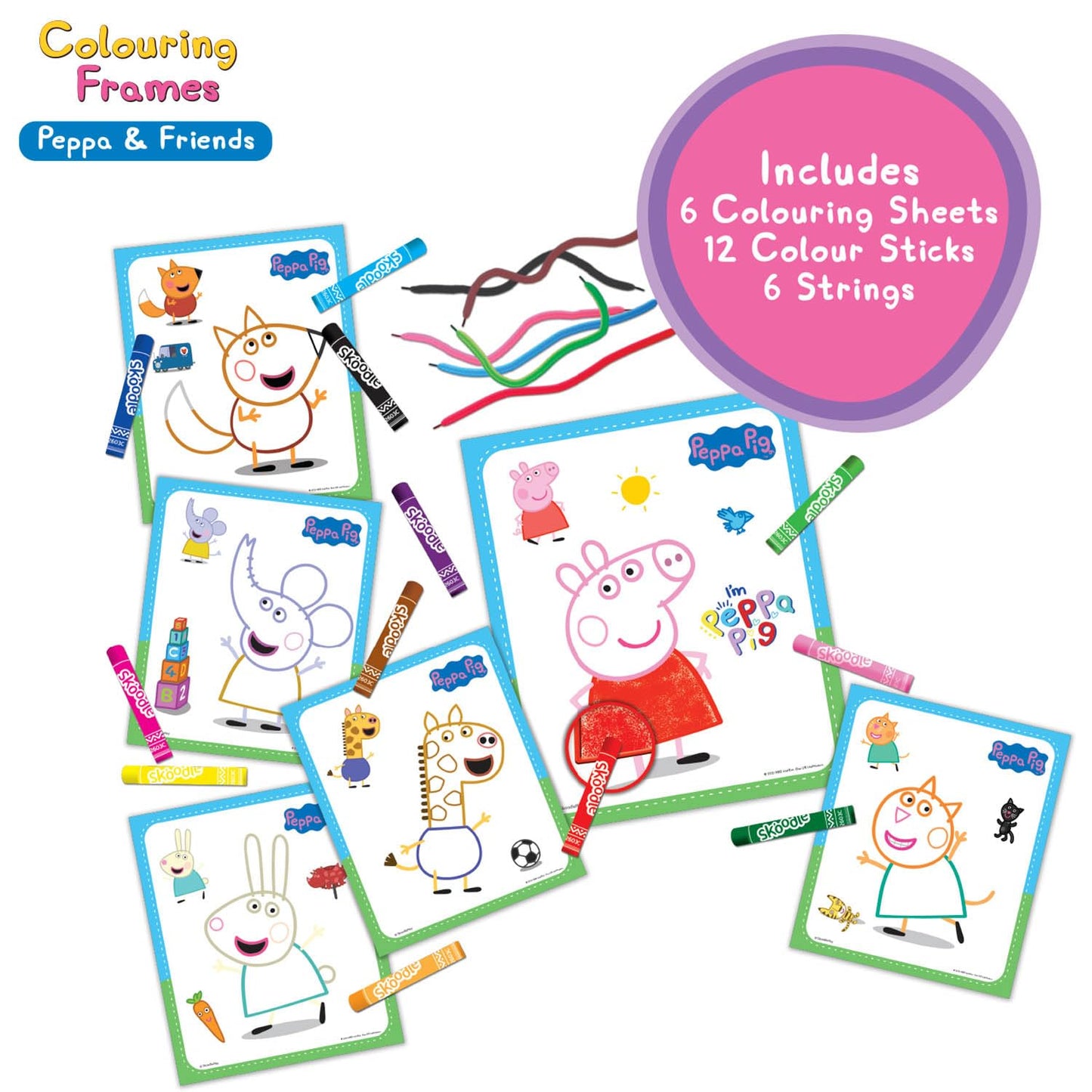 Skoodle Peppa & Friends Colouring Frames for Kids - DIY, Fun Filled Colouring/Painting Sheets, Specially Crafted to Enhance Play & Colouring Experience (6 Sheets + 12 Color Sticks + 6 Strings)