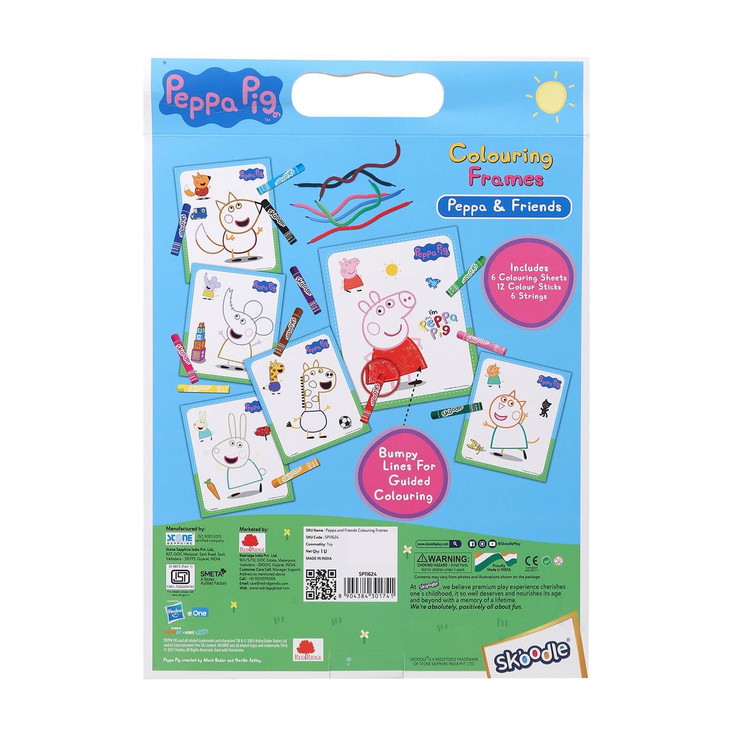 Skoodle Peppa & Friends Colouring Frames for Kids - DIY, Fun Filled Colouring/Painting Sheets, Specially Crafted to Enhance Play & Colouring Experience (6 Sheets + 12 Color Sticks + 6 Strings)