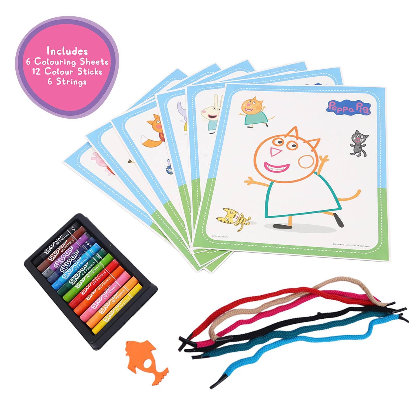 Skoodle Peppa & Friends Colouring Frames for Kids - DIY, Fun Filled Colouring/Painting Sheets, Specially Crafted to Enhance Play & Colouring Experience (6 Sheets + 12 Color Sticks + 6 Strings)