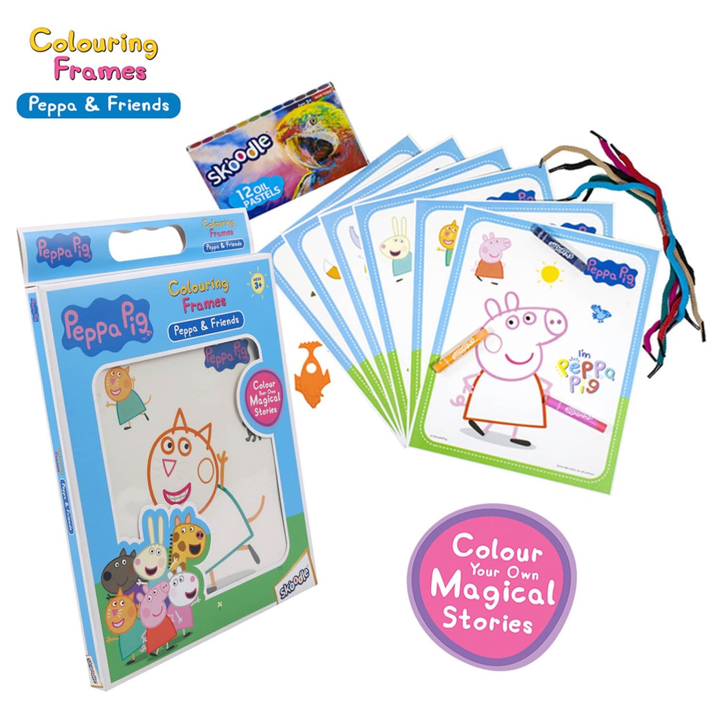Skoodle Peppa & Friends Colouring Frames for Kids - DIY, Fun Filled Colouring/Painting Sheets, Specially Crafted to Enhance Play & Colouring Experience (6 Sheets + 12 Color Sticks + 6 Strings)