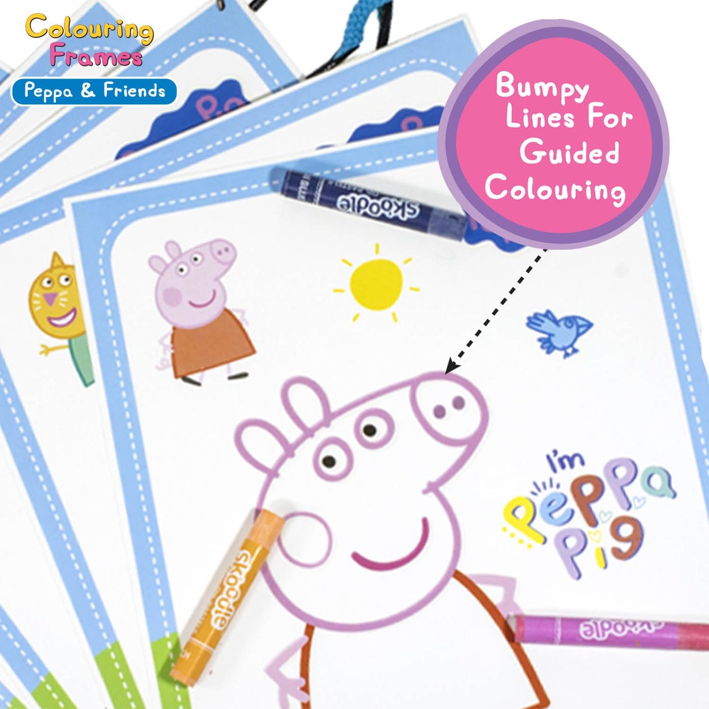Skoodle Peppa & Friends Colouring Frames for Kids - DIY, Fun Filled Colouring/Painting Sheets, Specially Crafted to Enhance Play & Colouring Experience (6 Sheets + 12 Color Sticks + 6 Strings)