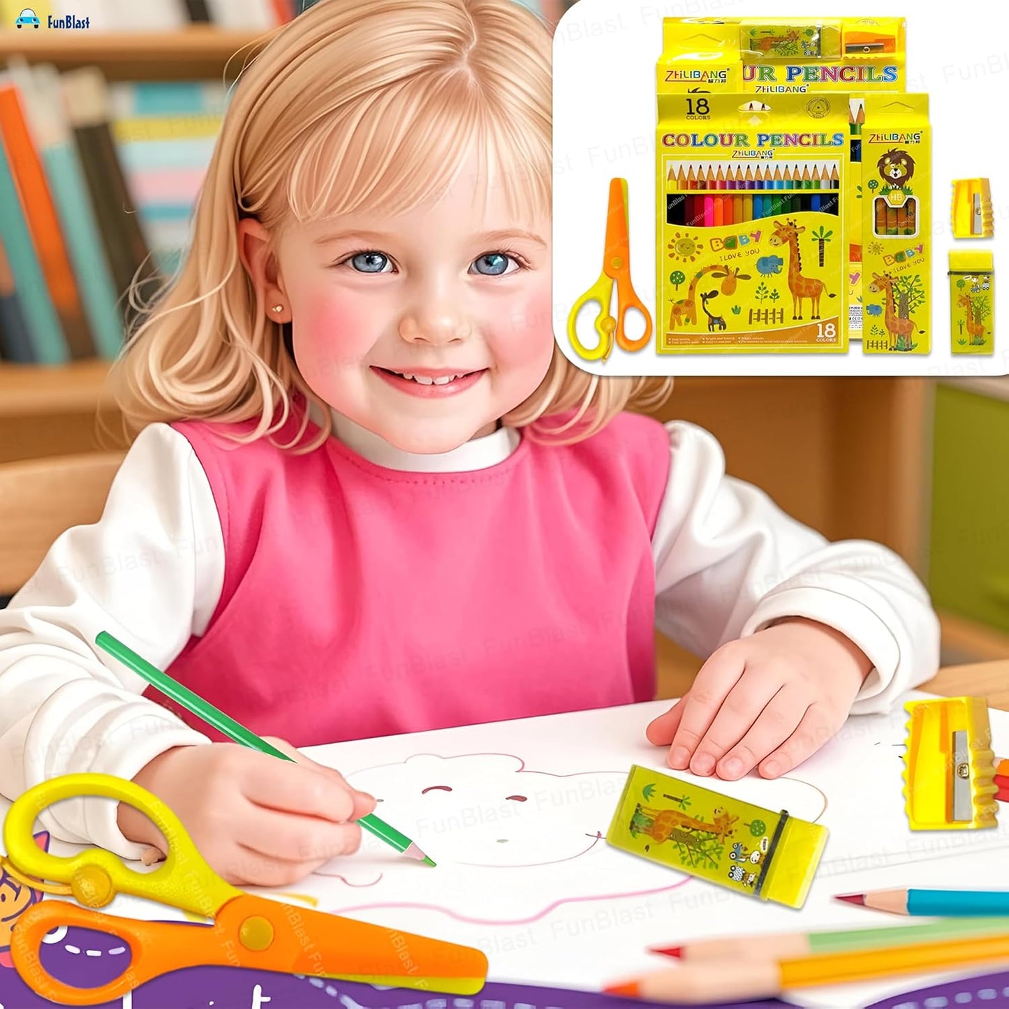 FunBlast Stationary Set for Kids – Drawing Color Set with 18 Pencil Colour, 6 Pencils, Drawing Sheets, Scissor, Sharpener & Eraser for School Going Kids, Girls & Boys (Yellow)