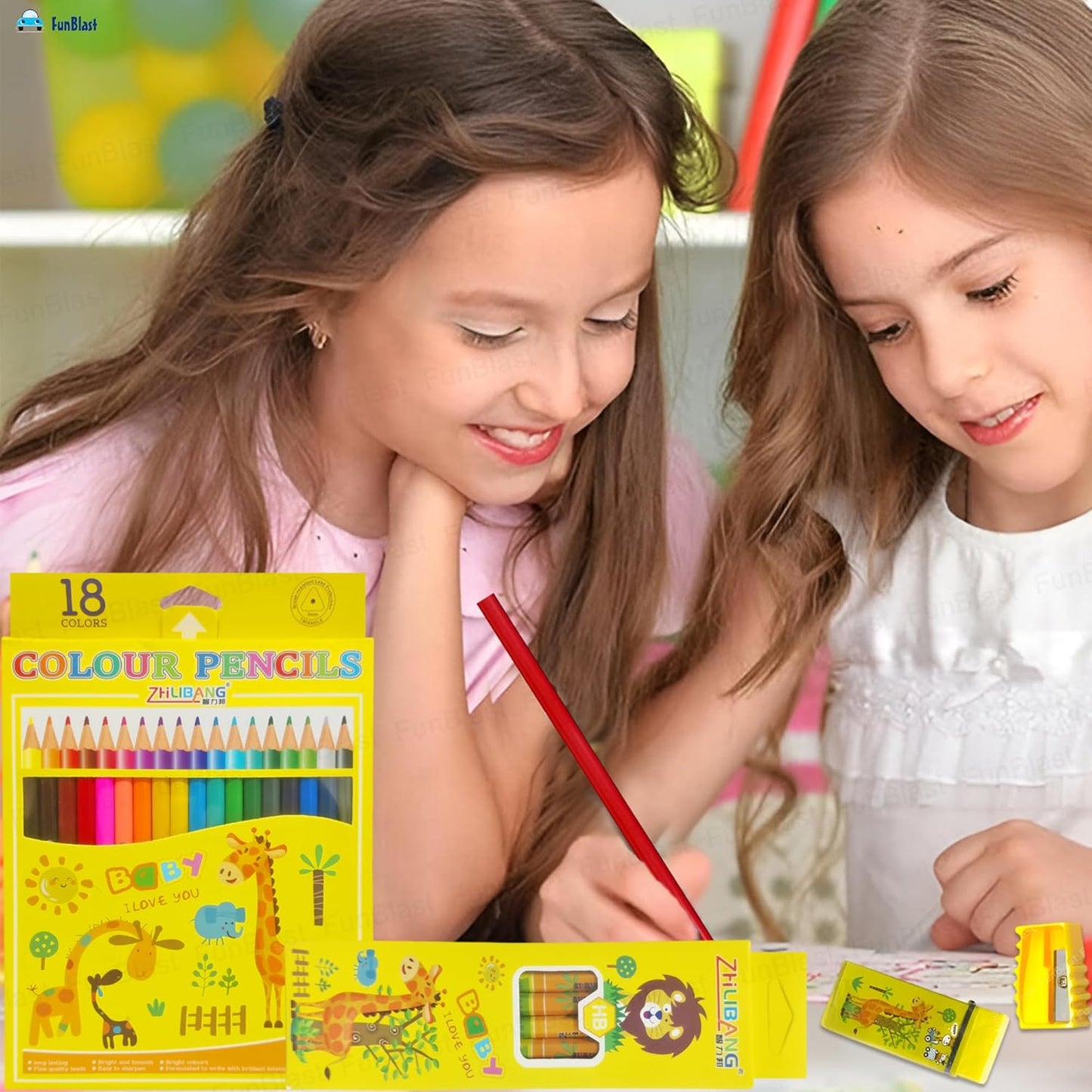 FunBlast Stationary Set for Kids – Drawing Color Set with 18 Pencil Colour, 6 Pencils, Drawing Sheets, Scissor, Sharpener & Eraser for School Going Kids, Girls & Boys (Yellow)