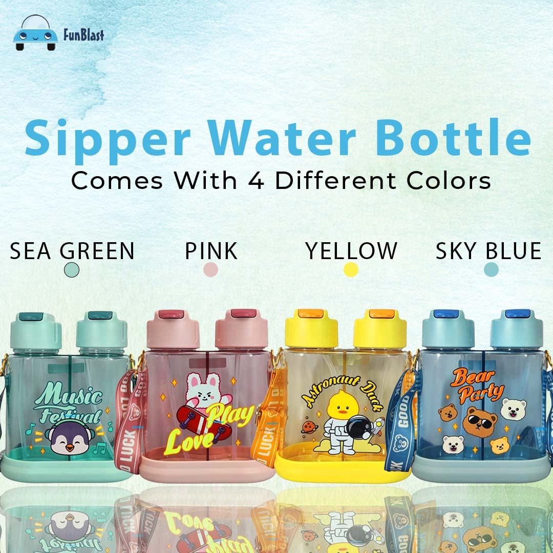 FunBlast Water Bottler For Kids- Dual Partition Kids Water Bottle with Straw and Strap, Cute Animal Design Water Bottle with Straw - 640 ML - Astronaut Duck