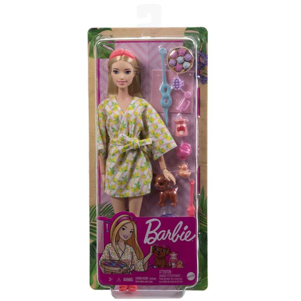 Barbie Doll, Kids Toys, Blonde Doll with Pet Puppy, Sets, Spa Day, Lemon Print Bathrobe, Headband and Eye Mask, Self-Care Series