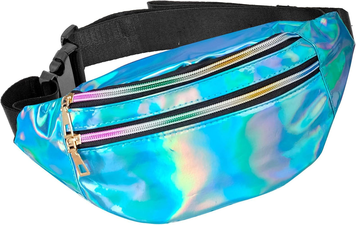 Shiny Holographic Waist Bag with 2 Zipper Pockets and Adjustable Strap