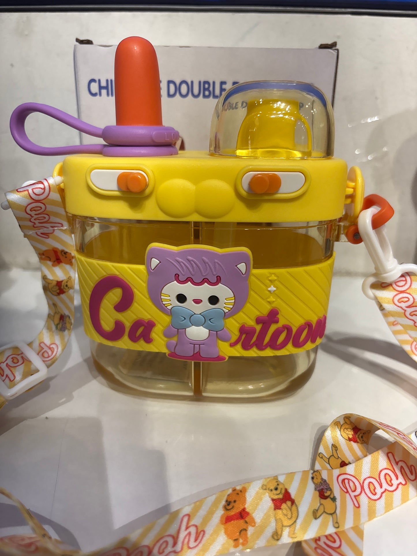 Cartoon 2-in-1 Kids Water Bottle 600ml — Double Straw with Shoulder Strap