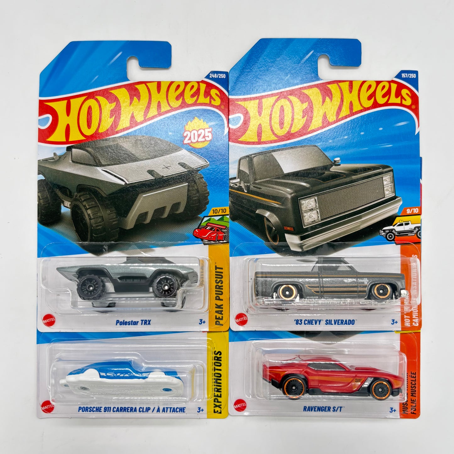 Hot Wheels 1:64 Die-Cast Set of 4 - Polestar TRX, Ravenger S/T, Porsche 911 Carrera Clip, 83 Chevy Silverado