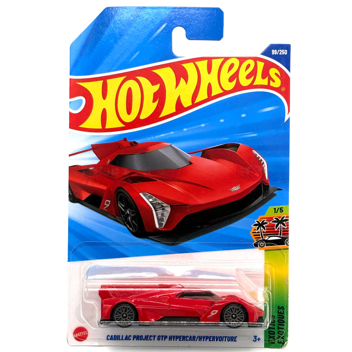A Hot Wheels die-cast toy car in its original blister packaging, featuring a red Cadillac Project GTP Hypercab/Hypervelocity model. The card has a blue background with the classic red and yellow Hot Wheels logo.