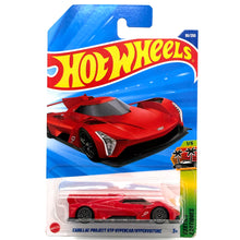 A Hot Wheels die-cast toy car in its original blister packaging, featuring a red Cadillac Project GTP Hypercab/Hypervelocity model. The card has a blue background with the classic red and yellow Hot Wheels logo.