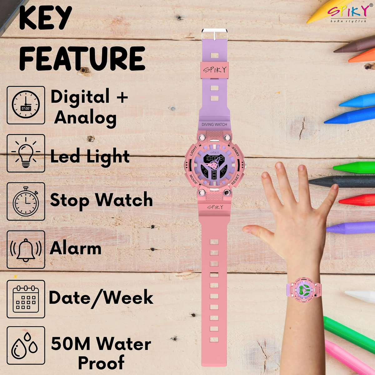 Spiky Eva A31 Kids Sports Watch – Digital + Analog, 50M Water Resistant
