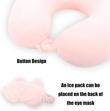 Cat-Themed Travel Neck Pillow with Eye Mask – 2-in-1 Plush U-Shaped Pillow for Kids